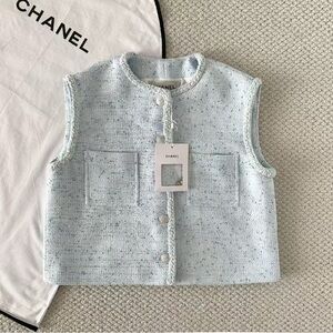 CHANEL Pastel Blue Tweed Sleeveless Jacket